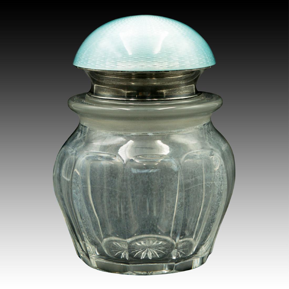 Large Guilloche Enamel, Sterling, Crystal Jar (1 of 2)