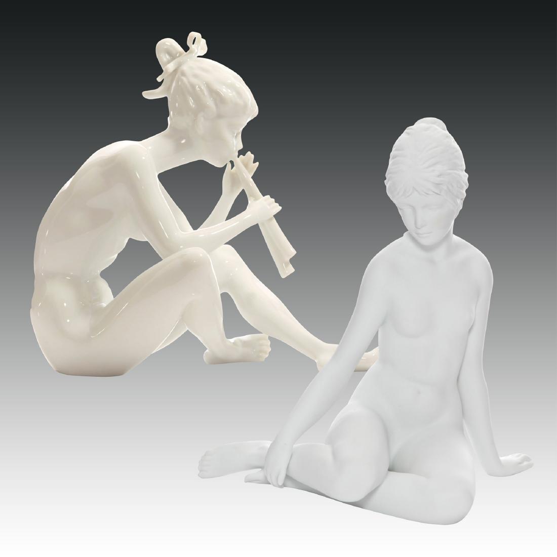 Pair of Kaiser Nude Female Figurines: Daydreams, a figurine of a beautiful seated nude young woman 8" H Blanc de chine figurine of a nude young woman sitting on the floor playing the pipes. 8" H ; Country of Origin: Germany; Size: 8.0"H; 