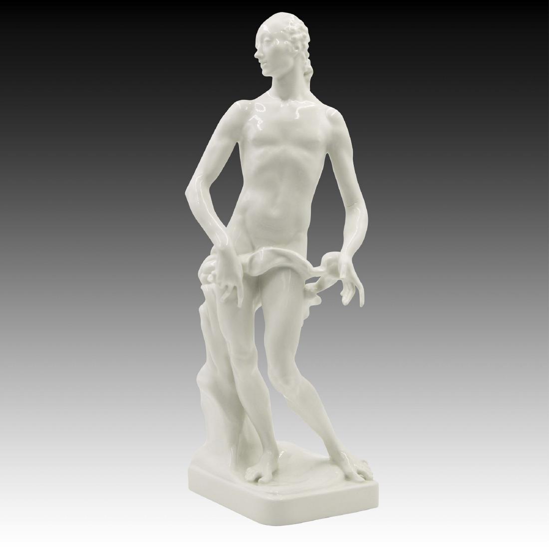 KPM Porcelain Blanc De Chine Nude Statue Figurine: KPM Berlin German Blanc De Chine Porcelain Nude Male Figurine / Statue. Circa 1886-1963. Marked on the bottom ; Country of Origin: Germany; Size: 15.5"H x 7"L x 4.5"W;
