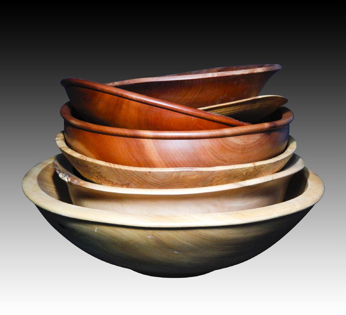 Set of 7 Artist Signed R.Tursini wood Bowls.: Each bowl is signed R.Tursini, and dated 2002 or 2003. Each bowl is numbered and inscribed with the name of the kind of wood the bowl is made of. You have curly Maple, American Beech, American Elm, Bl