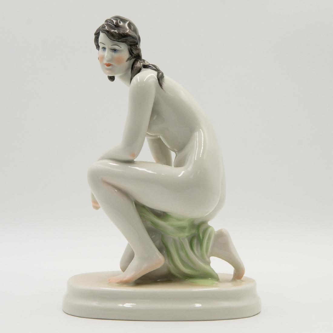 Zsolnay Hungary Art Deco Nude Porcelain Figurine: Zsolnay Hungary Art Deco Nude Porcelain Figurine Circa 1920s Marked on the bottom =; Size: 8 3/4"H x 6"L x 3.5"W