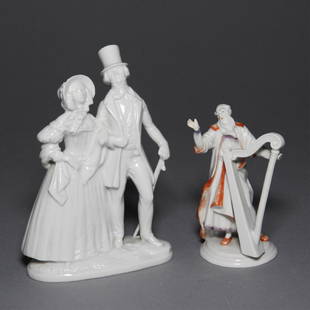 Pair Rosenthal Miniature Porcelain Figurines: Rosenthal Miniature Porcelain Figurine of a Harp Player Harfner designed by Gustav Oppel in 1926 at Selb factory 3.5"H x 1.75"D, and a blanc de chine miniature colonial couple by Richard Forster 4.5"H