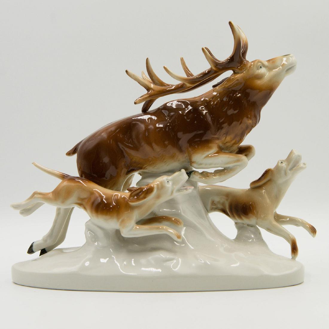 Wagner & Apel GDR German Porcelain Group: Wagner & Apel GDR German Porcelain Group Figurine "Stag And Saluki" Circa 1950s. 10"L x 8"H x 4"W =