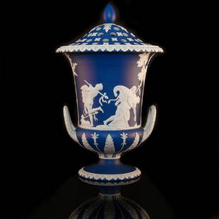 Wedgwood Indigo Blue Jasperware Bough Pot and Frog: Very Rare Antique pre-1890 Indigo Blue Jasperware Bough Vase or Pot With Frog. The pot/urn with the frog lid measures 16" to the top. Neoclassical Excellent Very Clean Condition, No Chips or Cracks. B