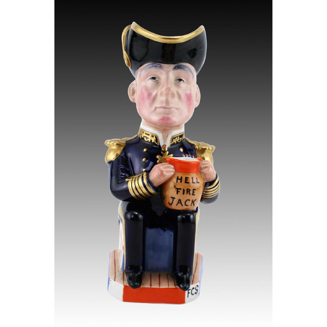 Wilkinson Toby Jug Admiral Jellicoe World War One: The admiral is holding a pitcher with the slogan Hell Fire Jack on the front. Handle in back is plain. Part of the original set of Toby jugs from World War One era by Royal Staffordshire Pottery, Wilk