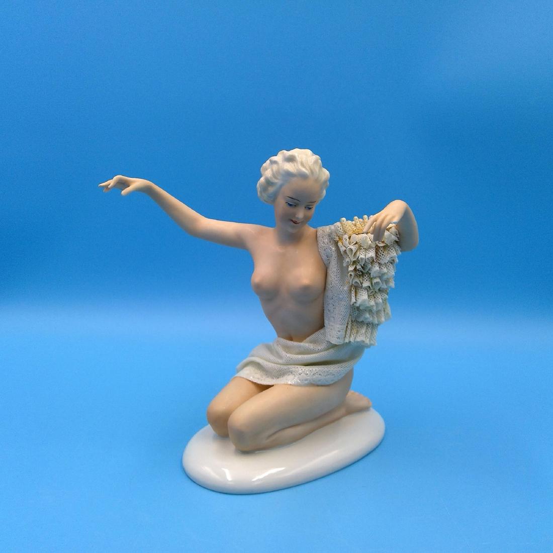 UNTER WEISS BACH GERMAN PORCELAIN ART DECO NUDE: Unter Weiss Bach Germany Porcelain Art Deco Figurine of a Nude Woman with Lace Through. Circa 1930s. Impressed model number 9282. Signed by the artist on the back of the base, marked on the bottom. ;