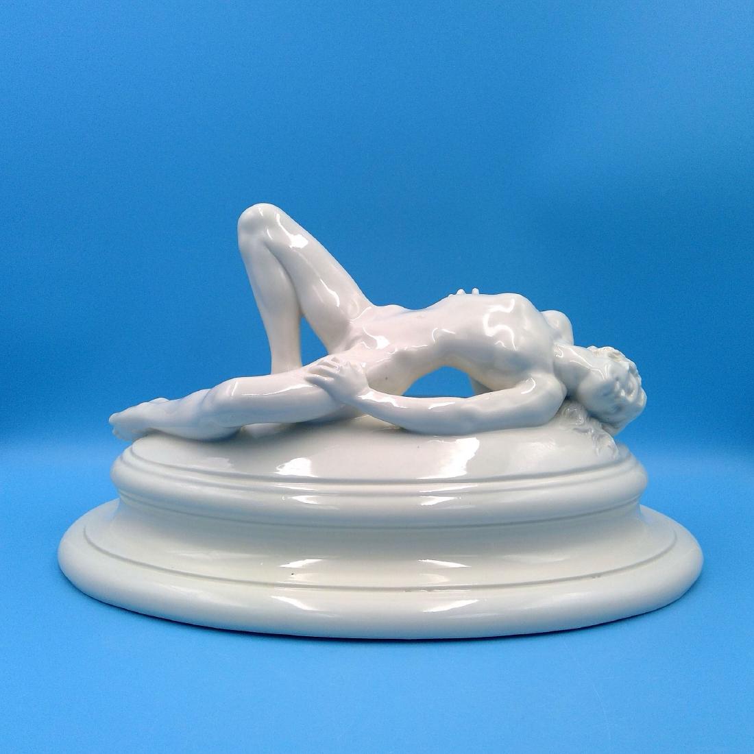 LARGE GERMAN PORCELAIN EROTIC SCULPTURE NUDE: Philip Dietrich Passau Germany Porcelain Sculpture / Large Figurine of a Nude Woman. Circa 1930s. Marked on the back of the base. ; Dimensions: 14.75"L x 9"W x 8.5"H;