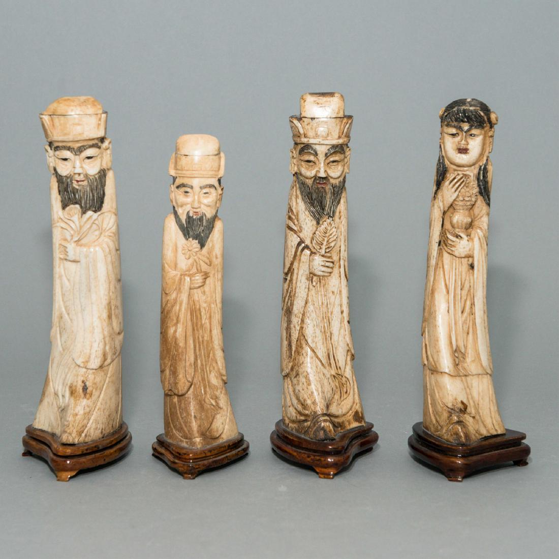 4 CHINESE CARVED ANTLER STATUES, WOOD MOUNTED (1 of 5)