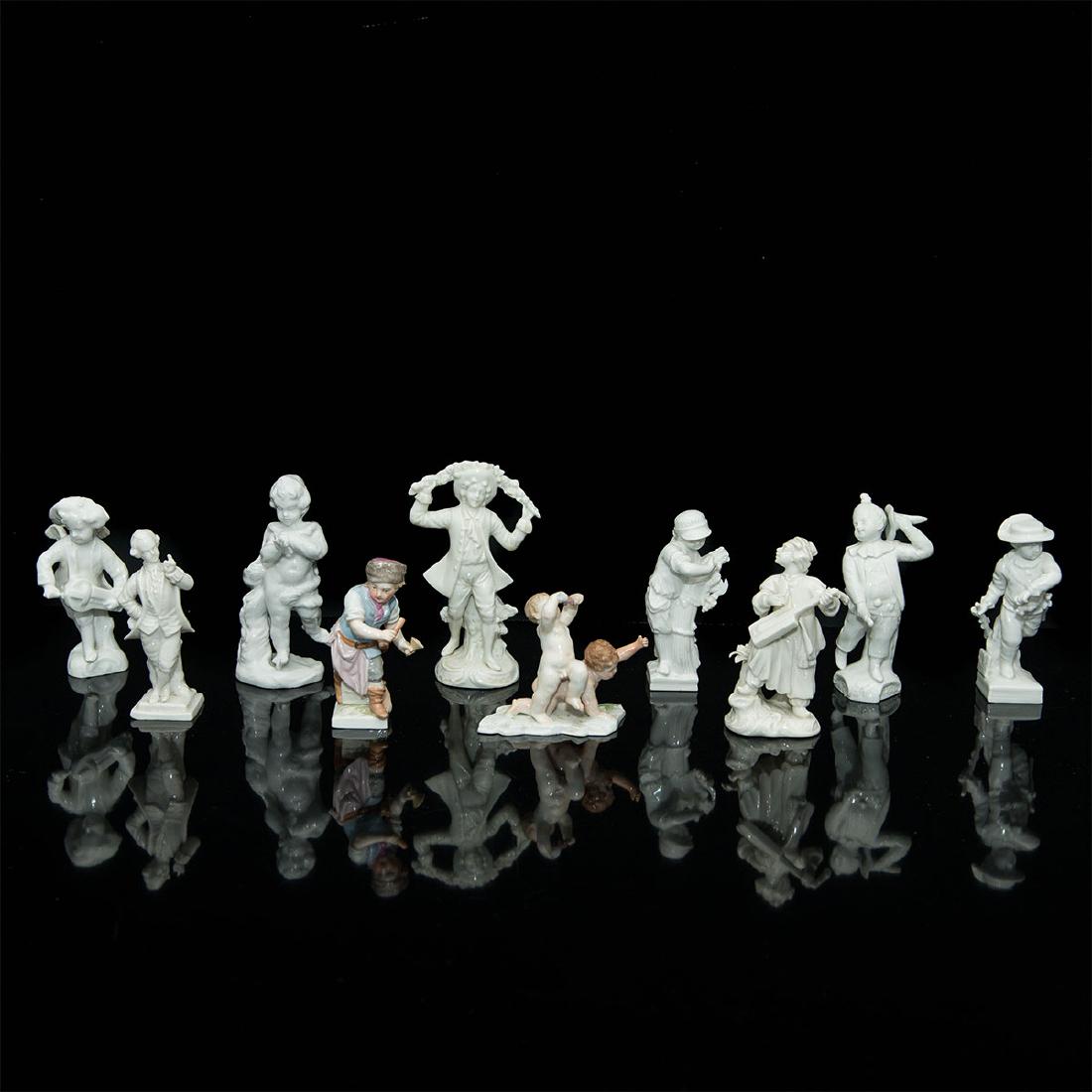 GROUP OF 10 ANTIQUE GERMAN PORCELAIN FIGURINES: Group of 10 Miniature Figurines by KPM Berlin, Nymphenberg and Potschappel Dresden. Circa late 19th / early 20th century.