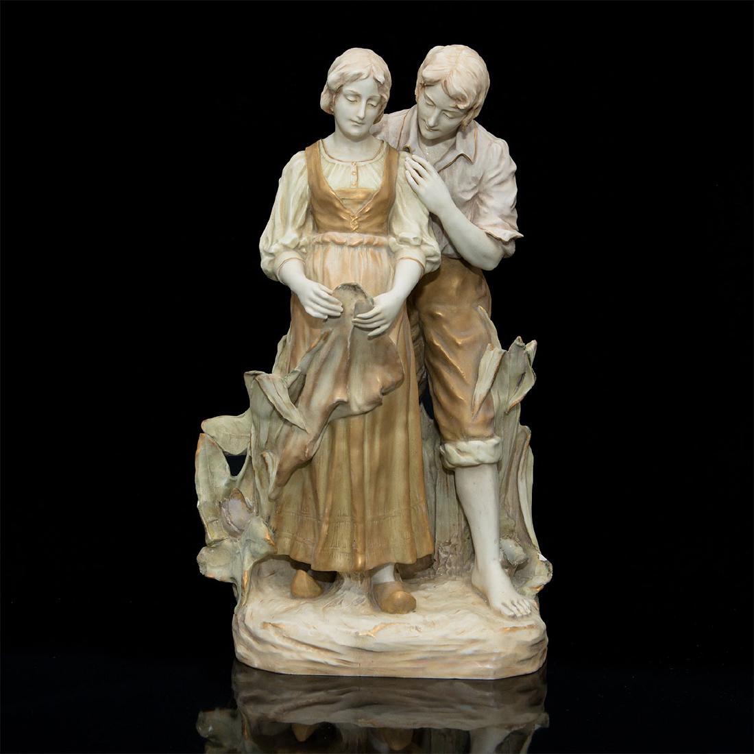 ERNST WAHLISS VIENNA LARGE FIGURE GROUP STATUE: Ernst Wahliss Turn Centerpiece Ceramic Composition of a Couple, can be used as a lamp base for four light lamp. Circa mid 20th century.
