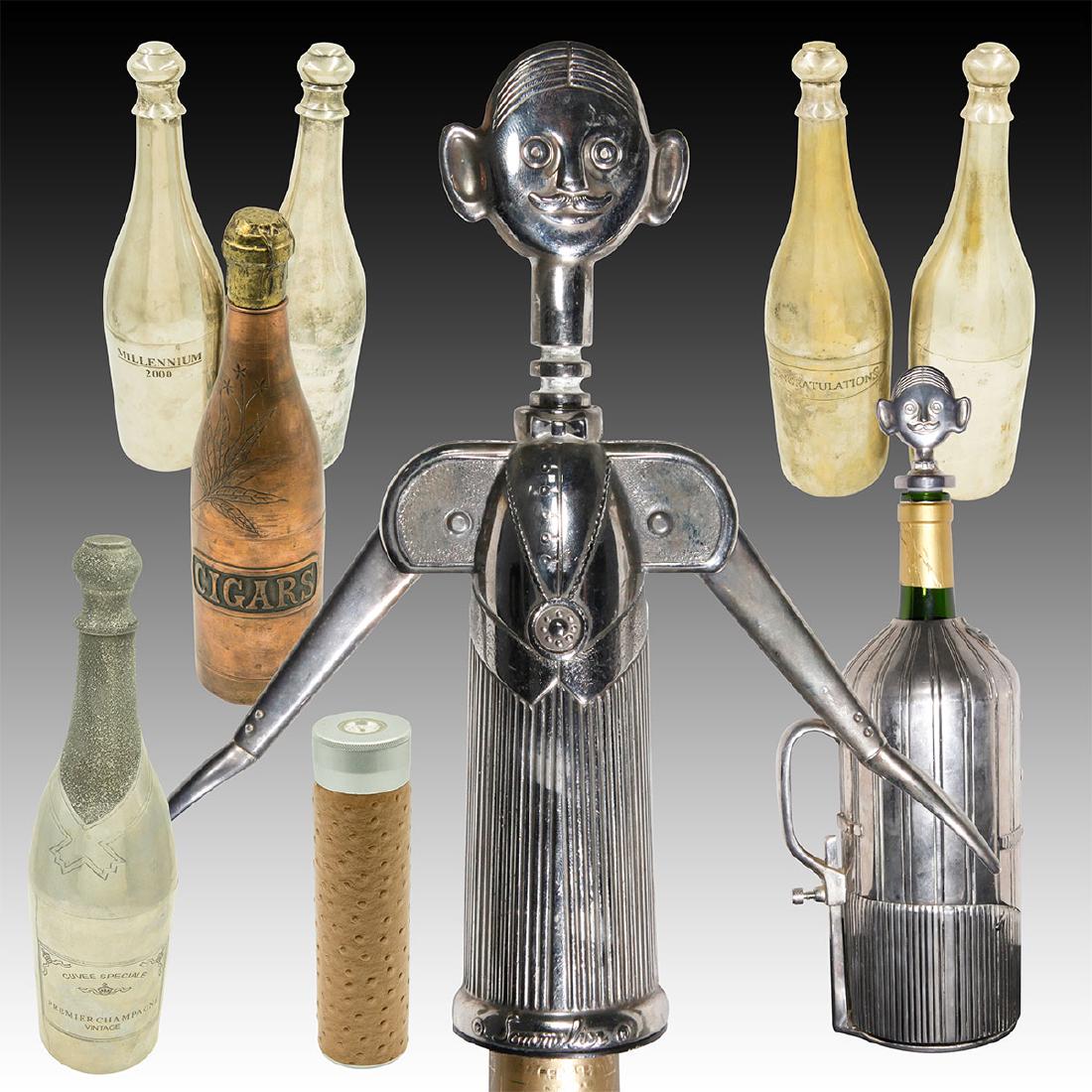 9pc Set of Wine Coolers, Humidors, Wine Topper,: Corkscrew silver plated champagne / wine coolers. The top and base unscrew so that you can put a bottle inside, and then when ready unscrew the top to pour your wine/champagne. 2 Engraved: "MILLENNIUM