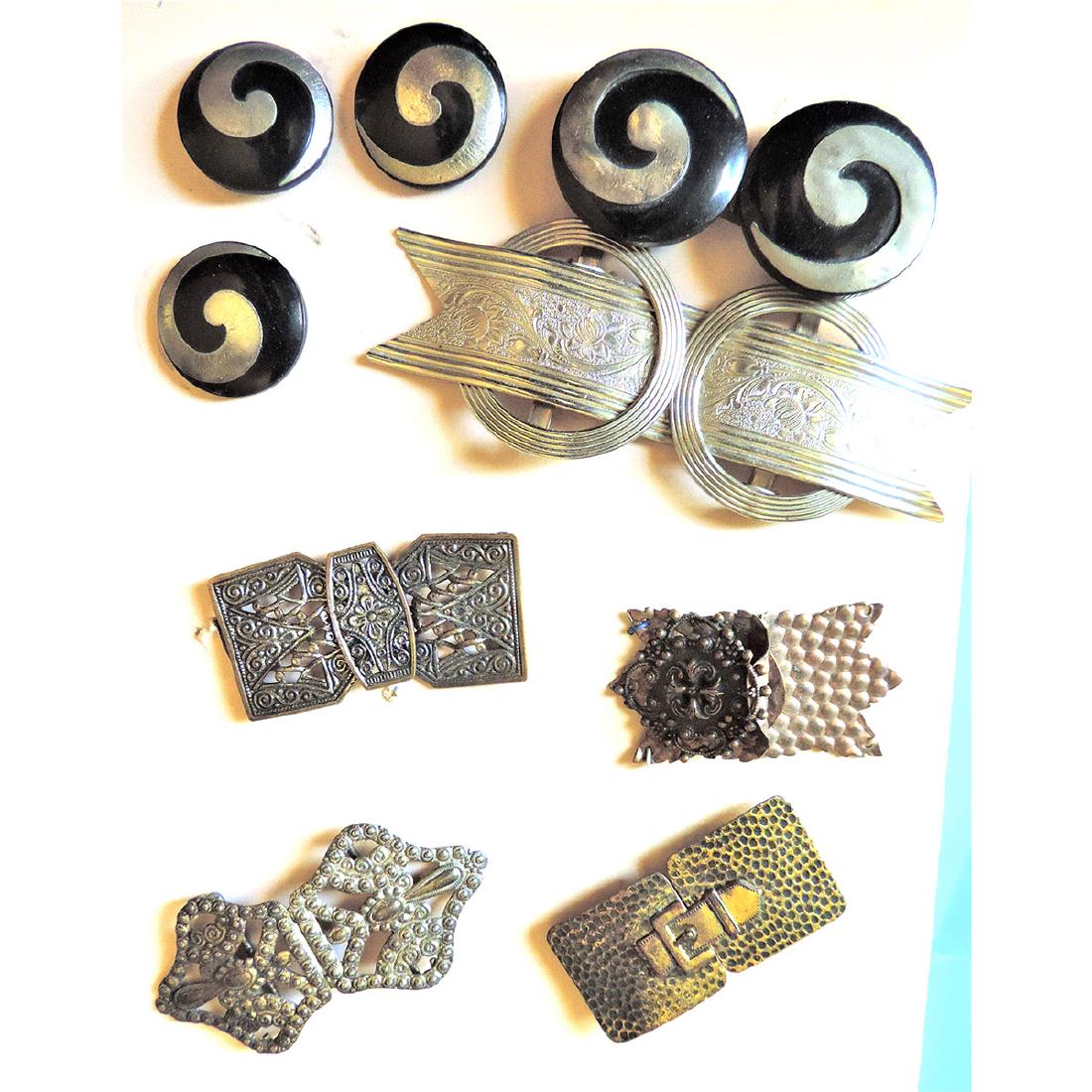 GROUP OF 9 BUCKLES AND 3 BUTTONS: Group of 9 Buckles and 3 Buttons All with Metal including Pictorials. 3 Buttons Matching One Buckle
