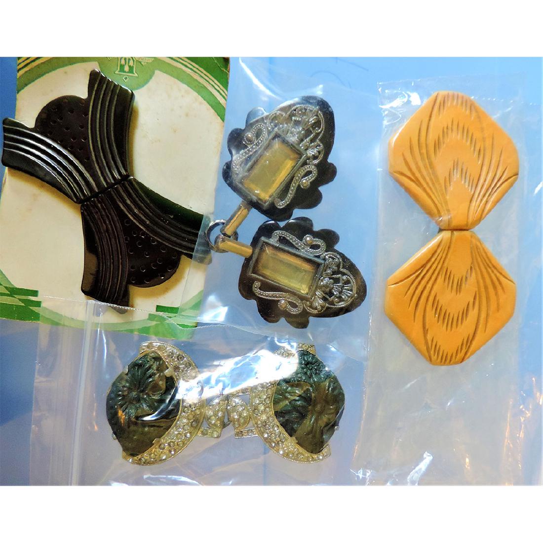 4 DECO BUCKLES WITH BAKELITE PLUS 4 CELLULOID: 4 Deco Buckles with Bakelite including Jeweled, and Carved Plus 4 Celluloid Buckles