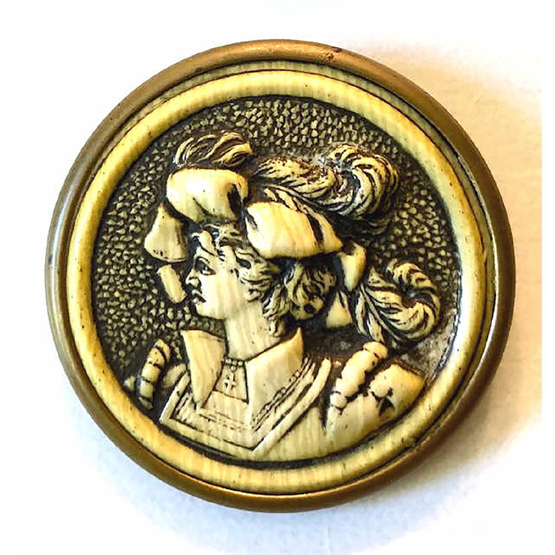 3 LARGE IVOROID (CELLULOID) PICTORIAL BUTTONS. (1 of 3)