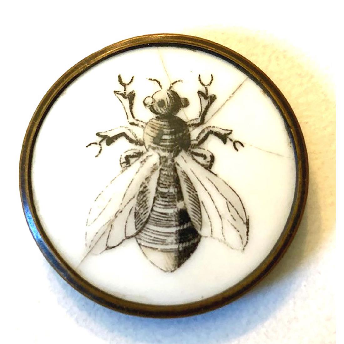 BEAUTIFUL LIVERPOOL TRANSFER BUTTON OF A BEE: Beautiful Liverpool Transfer Button of a Bee. To clarify there are some lines in the porcelain that appear to be possibly in the making, but unsure. This is a large size button. Overall exquisite butt