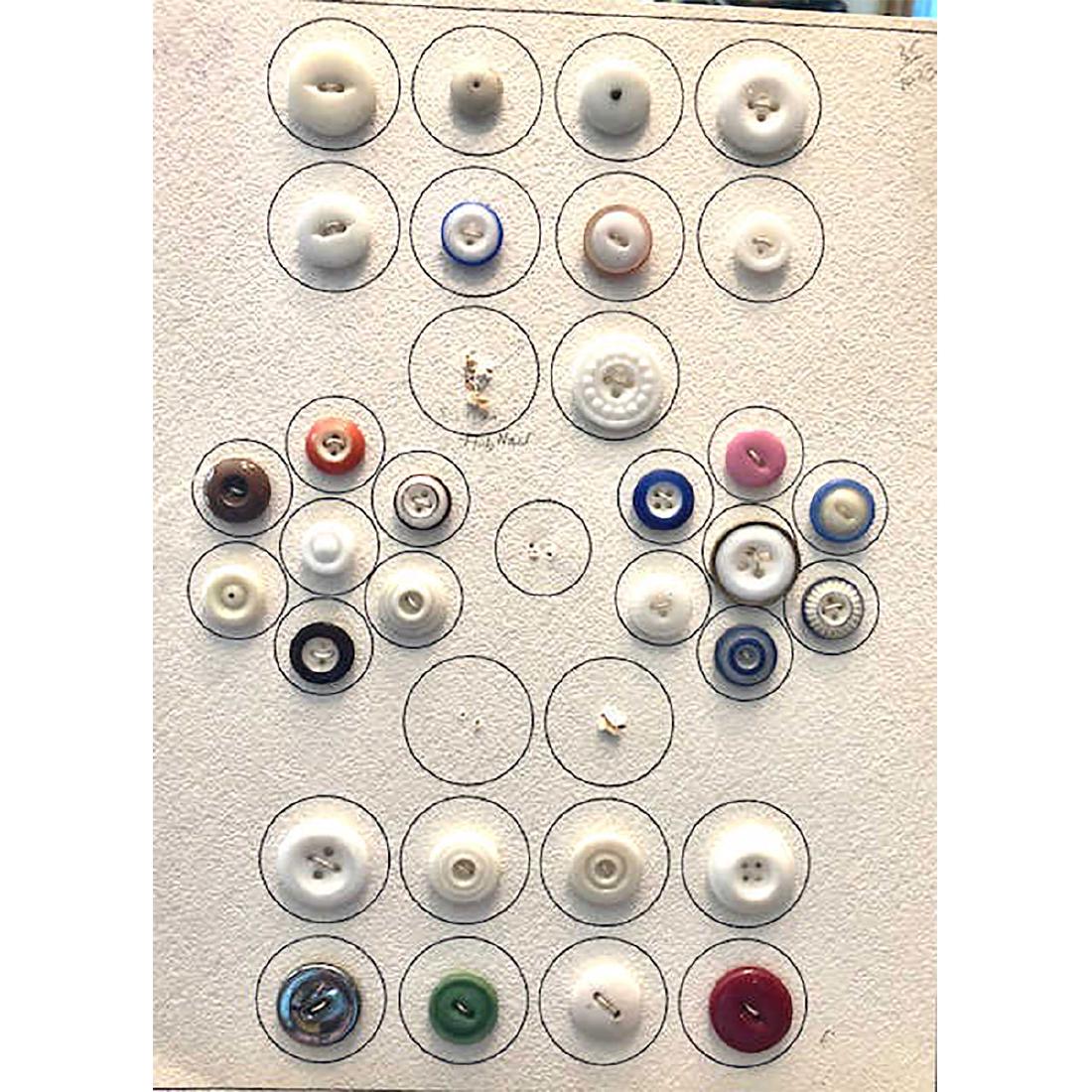 6 CARDS OF CHINA BUTTONS, OVER 150 INCL. STENCILS: 6 Cards of China Buttons incl. Stencils. Rimmed, Hobnail, Ringers and More