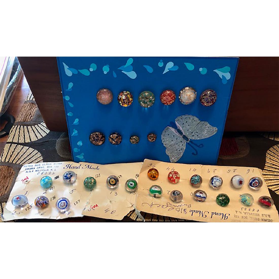 SEVERAL CARDS GLASS PAPERWEIGHT BUTTONS AND BALLS: Several Cards Glass Paperweight Buttons and Balls As Well As Some 2 Piece Czech Glass. Paperweights include Several Peter Ben on Original Sale Cards.