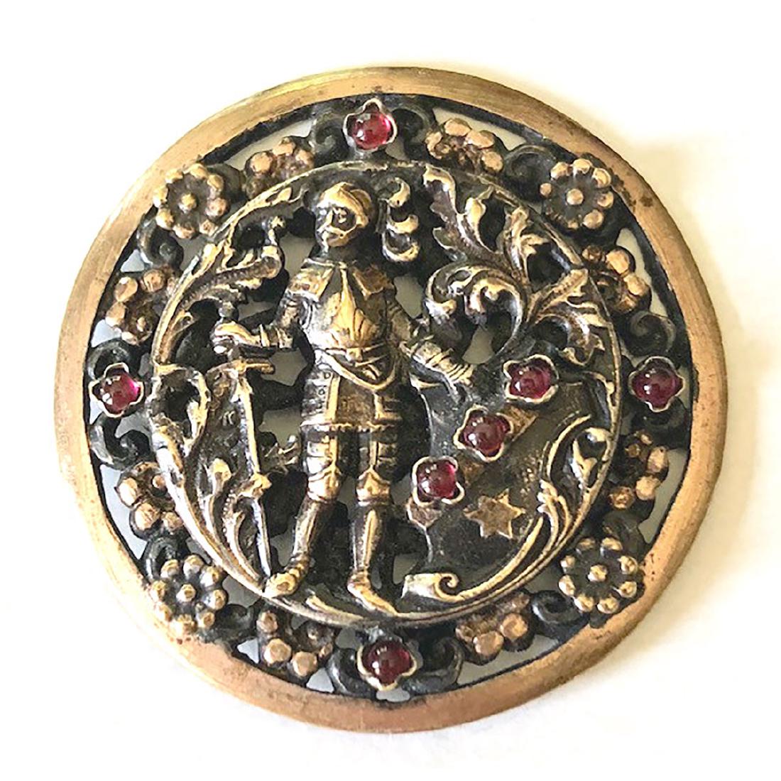 2 LARGE PIERCED JEWELED BUTTONS INCL FIGURAL: 2 Large Pierced Jeweled Buttons incl Figural with Red Jewels and an Enamel Df with Red Paste Center and Clear Paste Border.