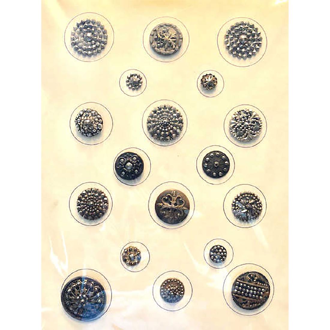 3 CARDS S/M/L STEEL CUPS AND BRASS WITH CUT STEEL: 3 Cards S/M/L Steel Cups and Brass with Cut Steel Buttons.