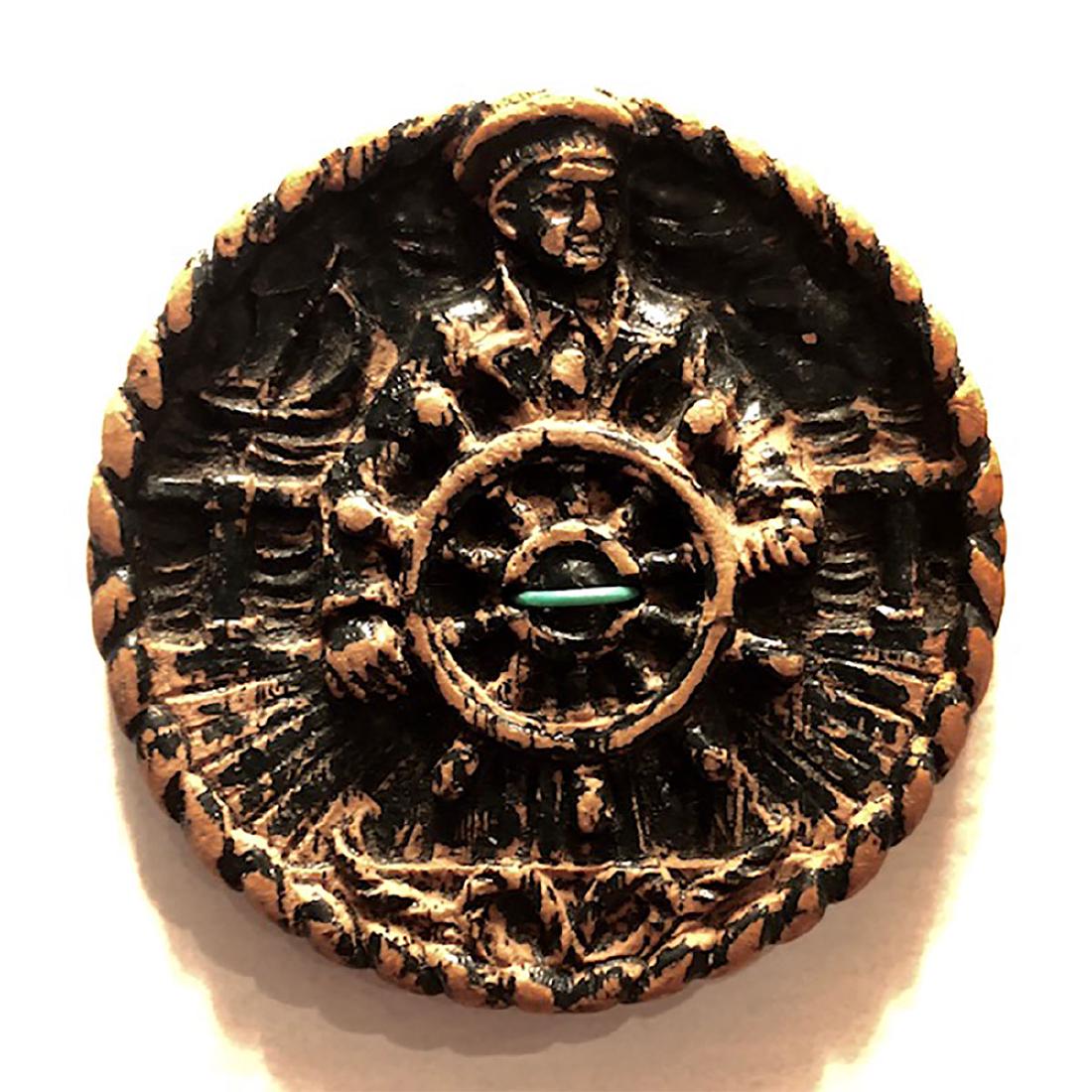 2 LARGE BURWOOD BUTTONS: 2 Large Burwood Buttons Including the Large Square Pierced Anchor, and the Captain At the Ships Wheel.