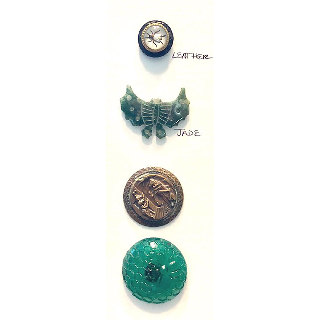 3 LARGE, 1 MED. INSECT BUTTONS IN ASST'D MATERIALS: 3 Large, 1 Med. Insect Buttons in Asst'D Materials Including Glass and Jade