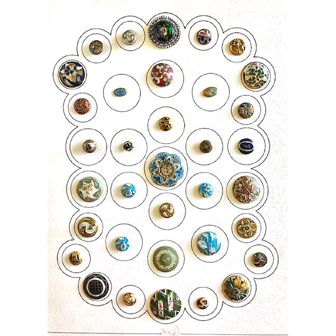 2 CARDS S/M/L MOSTLY ENAMEL INCLUDES SOME GLASS: 2 Cards S/M/L Mostly Enamel Includes Some Victorian Glass, Steel Cup Insect Enamel, Limoges Foil Enamel and More.