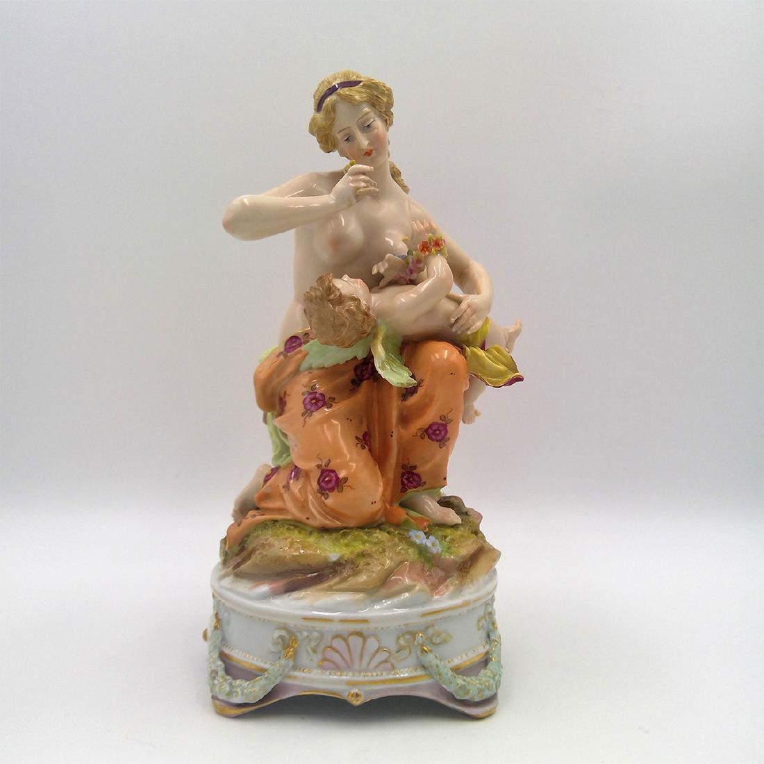 ANTIQUE CONTINENTAL PORCELAIN FIGURINE NUDE: Porcelain group depicting a semi nude goddess Venus with a cherub / Cupid. Inspired by the famous oil painting by Pierre-Maximilien Delafontaine (French, 1777-1860). Impressed model number 5473 26. Ma