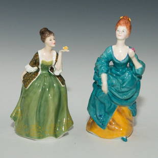 ROYAL DOULTON GROUP OF 2 FIGURINES OLGA AND FLEUR: HN 2368 in green dress and HN 2463 in turquoise. Fleur is 7.25"H, was produced between 1968-1995. Olga is 8.25"H, was produced between 1972-1975. Both designed by J. Bromley.