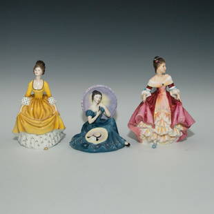 ROYAL DOULTON GROUP OF 3 FIGURINES PRETTY LADIES: Southern Belle HN 2229, Pensive Moments HN 2704 and Coralie HN2307. All designed by Peggy Davies. Southern Belle in red and cream dress is 7.5"H, produced between 1958-1997. Pensive Moments in blue