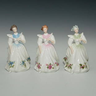 ROYAL DOULTON GROUP OF 3 FIGURINES PRETTY LADIES: Figures of the month. HN 2794, HN 2696, HN 2695. All designed by Peggy Davies. All three figurines are also known as Gillian, they are figures of the: "November 1987", "July 1988" and "December