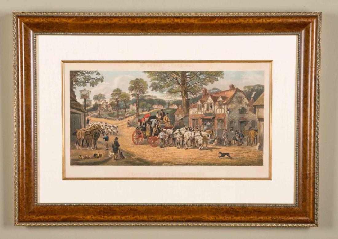 COLOR PRINT MCQUEEN'S COACHINGS-CHANGING HORSES: A gilt framed hand colored engraved print, CHANGING HORSES AT THE PLOUGH, by C.R. Stock published on May 15, 1882, by G. P. McQueen, after an earlier engraving by Henry Thomas Alken, part of a series