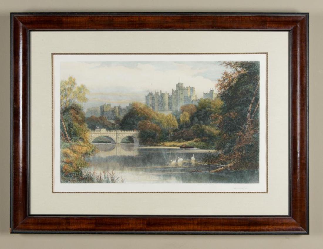 COLOR PRINT, ALNWICK CASTLE, DAVID LAW 1888: A large color print with motifs of swans, trees, a lake, bridge and the titular castle, based on the etching of Alnwick Castle by Scottish Victorian artist David Law. Alnwick, the seat of the Duke of