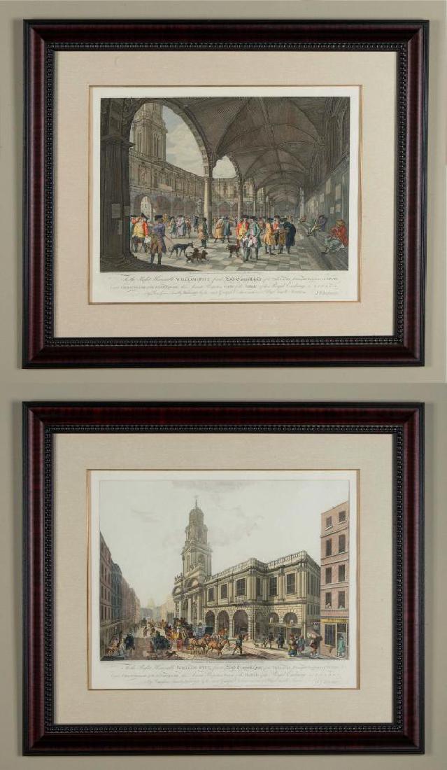 2 COLOR PRINTS, VIEWS OF THE ROYAL EXCHANGE LONDON: Two large color prints from a famous pair of engravings of the Royal Exchange by Francesco Bartolozzi. Dedication reads TO THE RIGHT HONORABLE WILLIAM PITT, FIRST LORD COMMISSIONER OF THE TREASURY [et