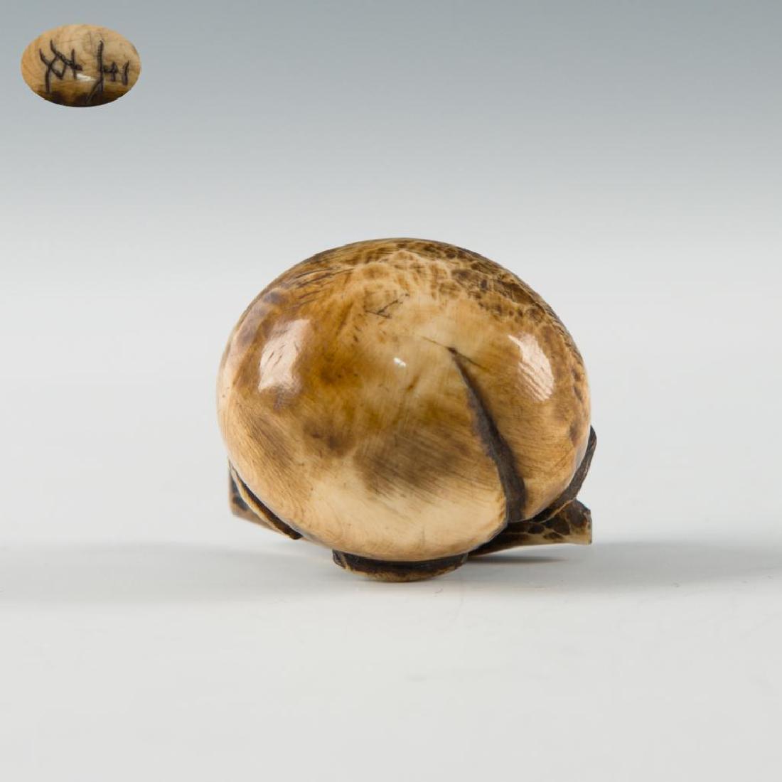 ANTIQUE JAPANESE CARVED BONE NETSUKE PERSIMMONS: Netsuke carving as persimmons. Signed on the side. Dimensions: 1.25"H Country of Origin: Japan