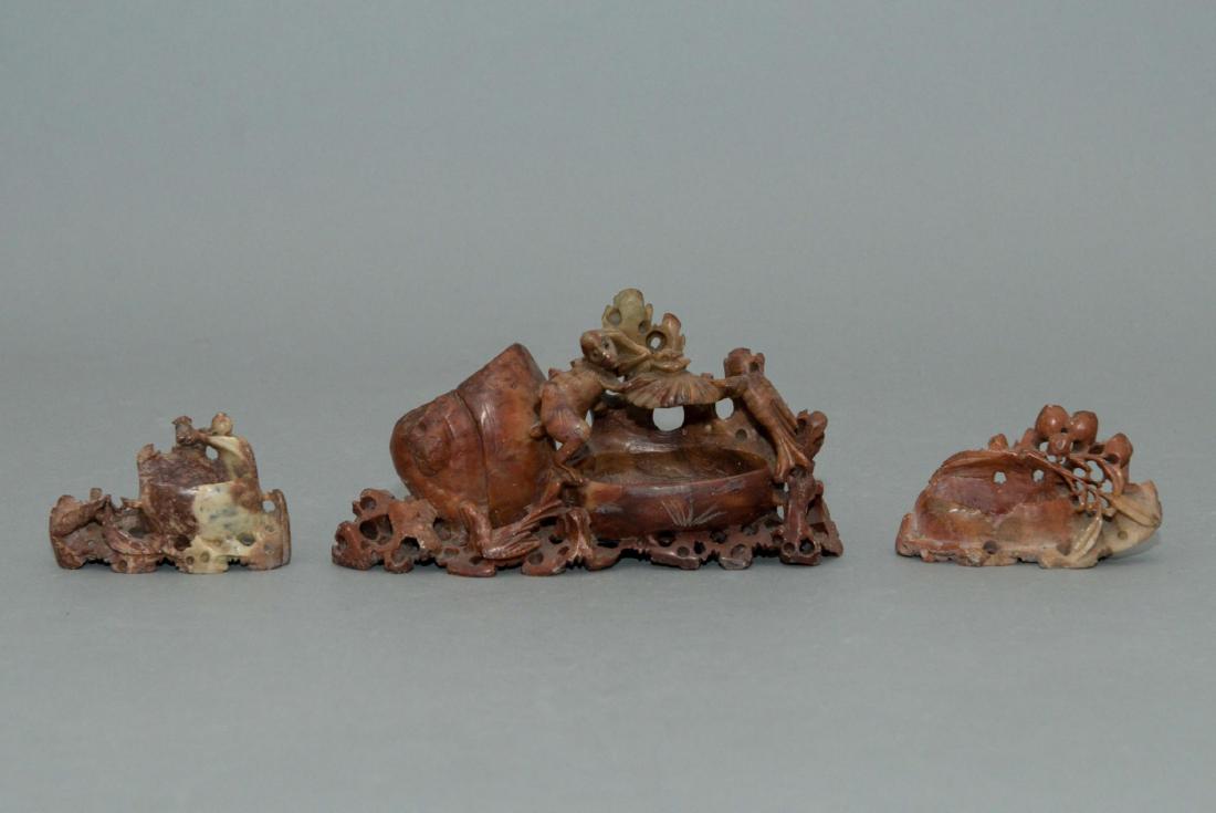 CHINESE SOAPSTONE CARVINGS, BRUSH WASHERS, INKWELL (1 of 6)