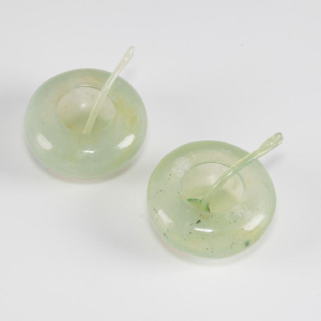 SET OF 4pc CARVED JADE BOWLS SALT CELLARS WITH SPOONS: Two jade dishes with two spoons. Dimensions: about 2.5"D x 1.25"H Country of Origin: China