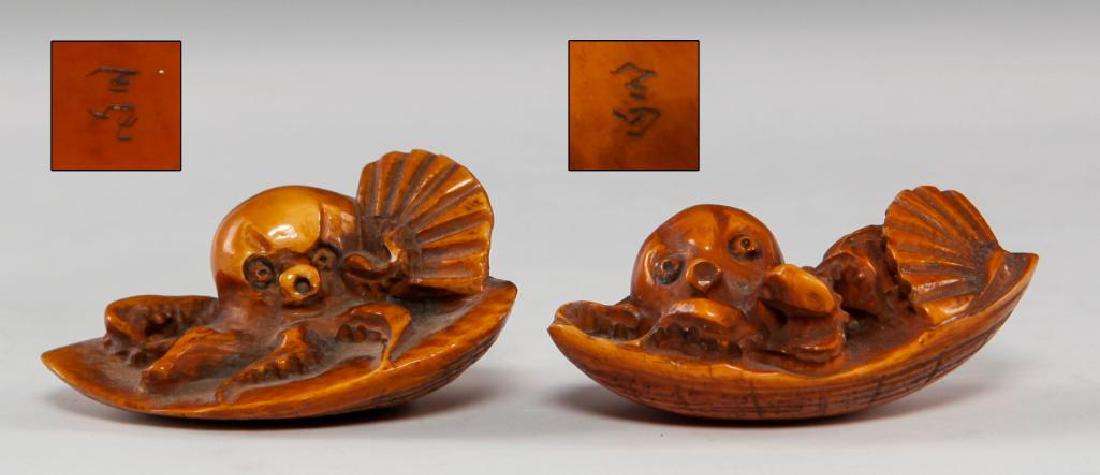 GROUP OF 2 JAPANESE MEIJI CARVED NETSUKE OCTOPUS (1 of 7)