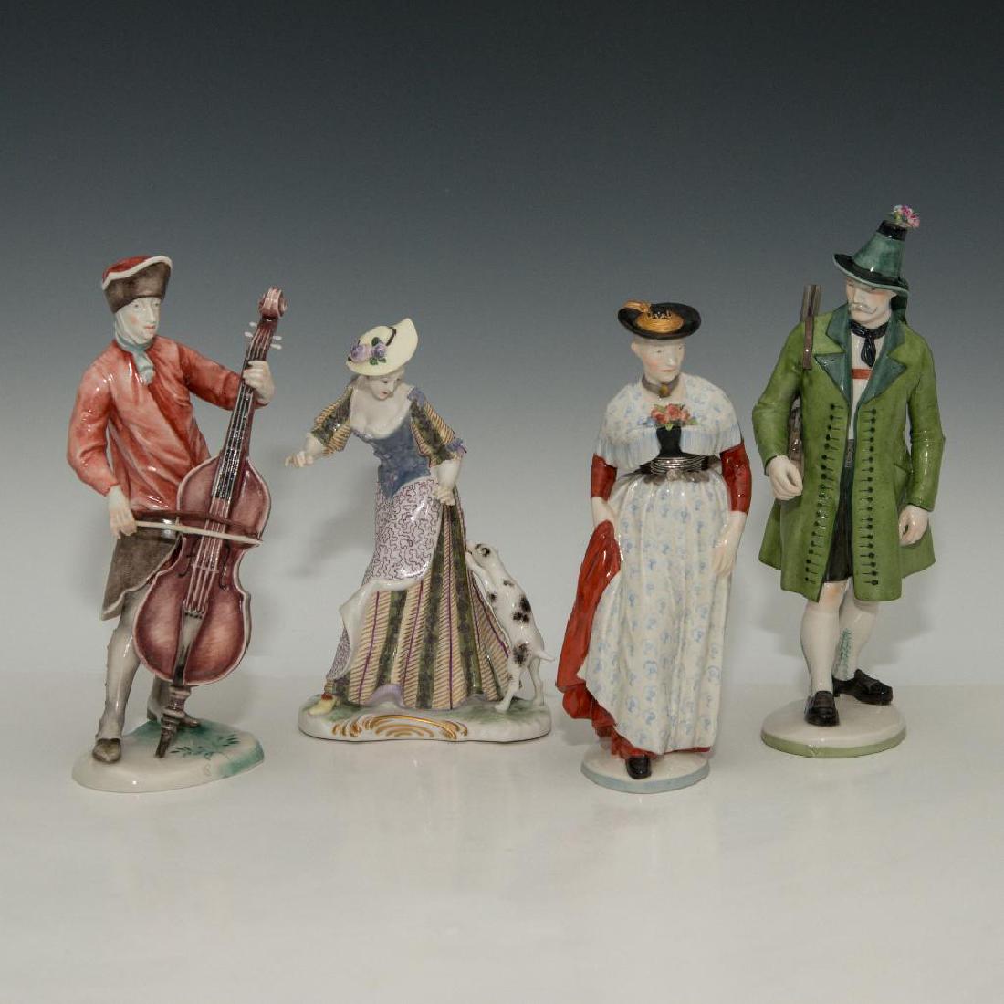 GROUP OF 4 NYMPHENBURG GERMAN PORCELAIN FIGURINES: Group of 4 Antique Nymphenburg Figures. 1) Hunter or also known as "Tyrolean shooter" (9"H), model number 832 0. Has a restoration and a missing part on the gun. 2) Musician (8.25"H), model number 334