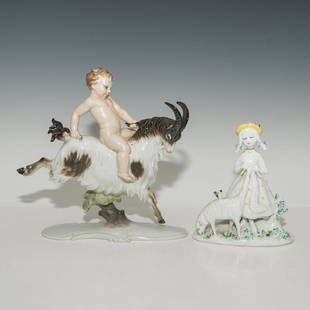 GROUP OF 2 ROSENTHAL PORCELAIN FIGURINES KIDS w ANIMALS: Pair of Rosenthal Figures. Girl with a Sheep and Boy with a Goat. 1) Raymond Peynet Girl (6"H x 5"L x 2.75"W), model number 7010. There is a chip on sheep's ear and on the grass on the base. 2) Boy ri