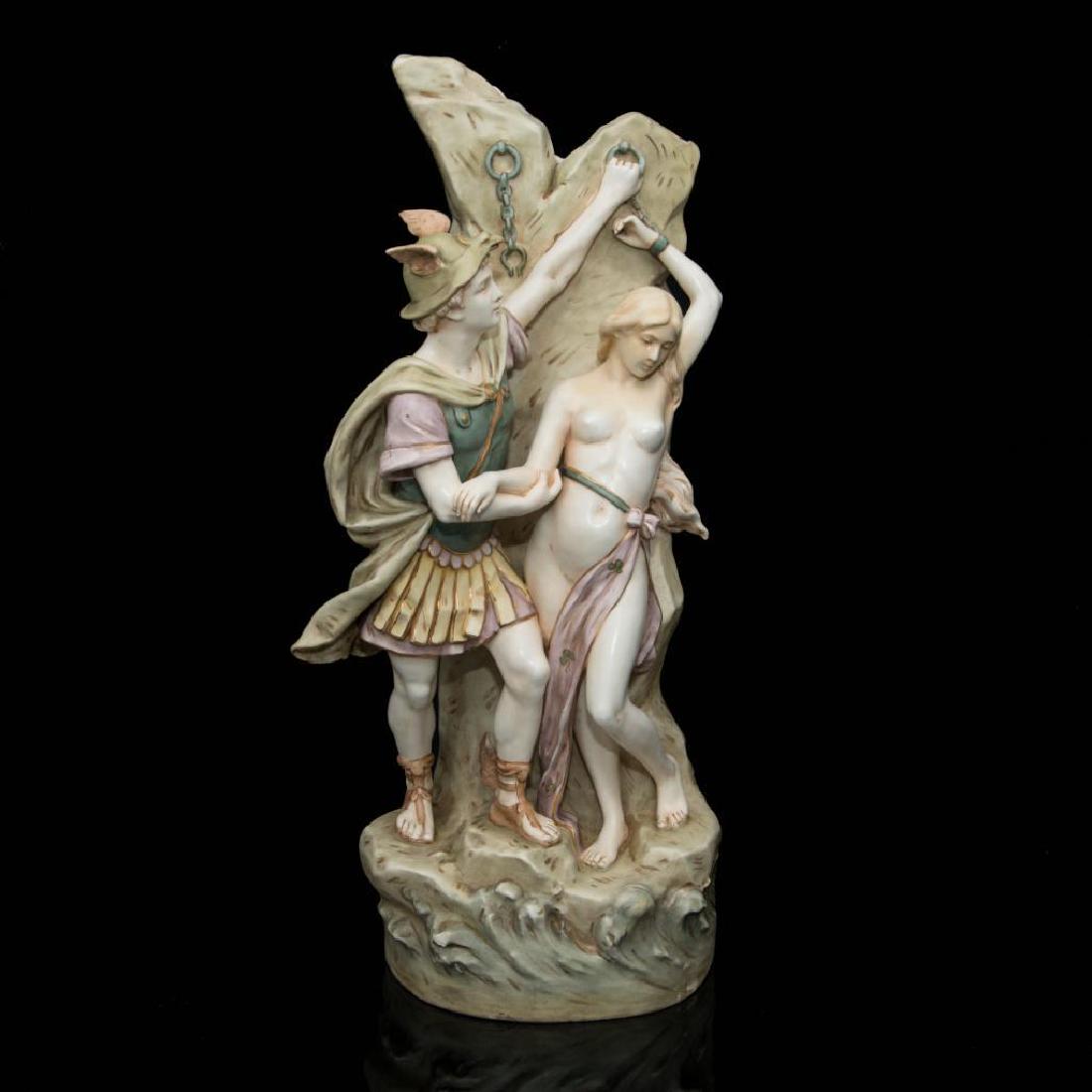 ROYAL DUX BOHEMIAN MYTHOLOGICAL GROUP VASE: Royal Dux Large Porcelain Figural Vase / Statue depicting Mythological Scene of a Greek Worrier Saving Nude Nymph. Model number 12467. Dimensions: 25.5"H x 10"D Issued: circa mid 20th century Country 