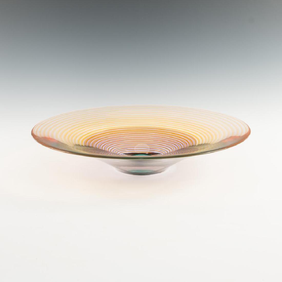 AMERICAN BLAKE STREET STUDIOS SCULPTED ART GLASS DISH: Multicolored spiral design, signed by M. David and K. Karbler. Etched by artists Michael David and Kit Karbler on the bottom, with model number 4081. A rare, unusually large piece from this studio. Di