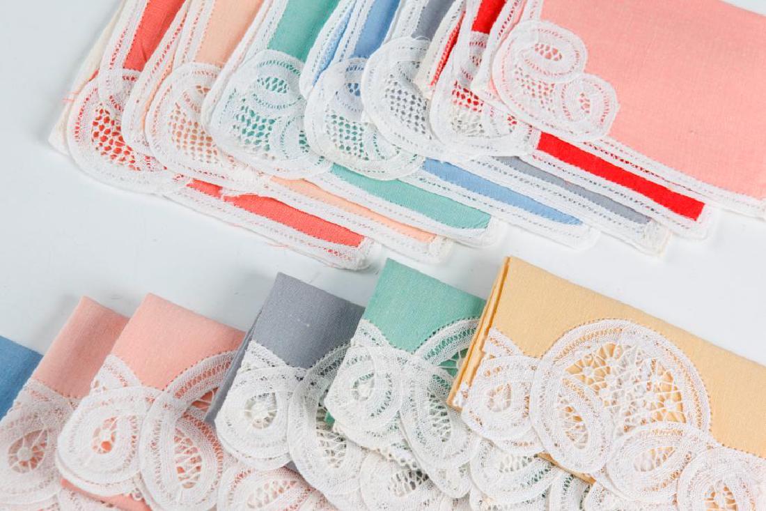 SET OF VINTAGE MADEIRA COCKTAIL NAPKINS AND COASTERS: Set of Vintage Madeira Cocktail Napkins and Coasters Charming set of cocktail napkins and coasters in various colors with hand applied white lace accents. Dimensions: 12" x 9" and 7" x 5" Country of O