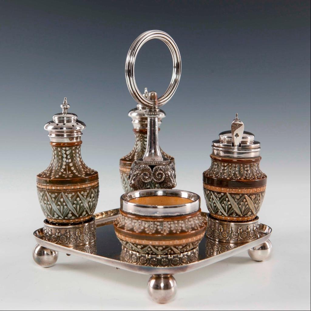 DOULTON LAMBETH 4 CONDIMENT SET SILVER RAM HEAD HOLDER (1 of 10)