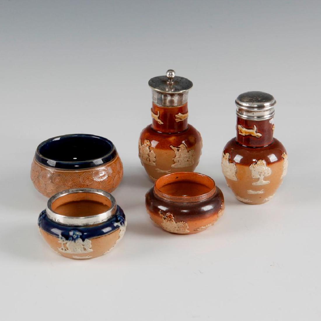 GROUP, 3 DOULTON LAMBETH OPEN SALTS, 2 SILVER SHAKERS (1 of 7)