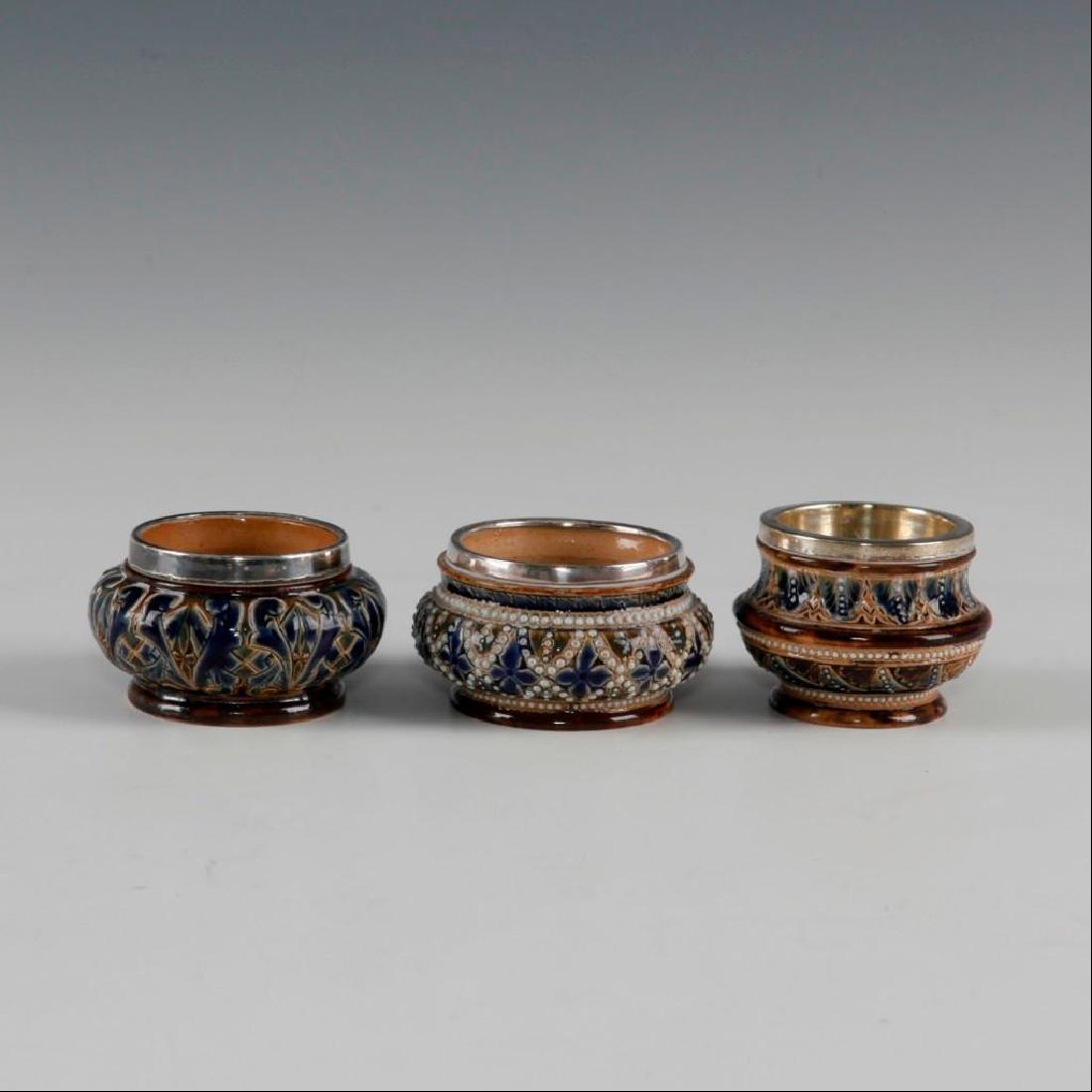 GROUP OF 3 DOULTON LAMBETH OPEN SALTS WITH SILVERPLATE (1 of 4)