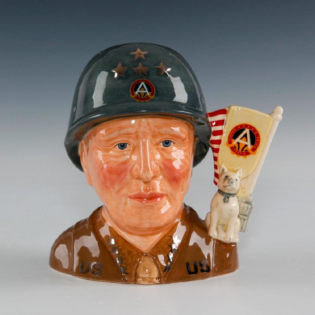 ROYAL DOULTON GENERAL PATTON LG CHARACTER JUG D7026: From the Great Generals Collection. Commemorates the 50th anniversary of VE-Day, May 8th 1945. Handle depicts revolver, bulldog and seals. Commissioned by UK International Ceramics. Artist: Warren Bla