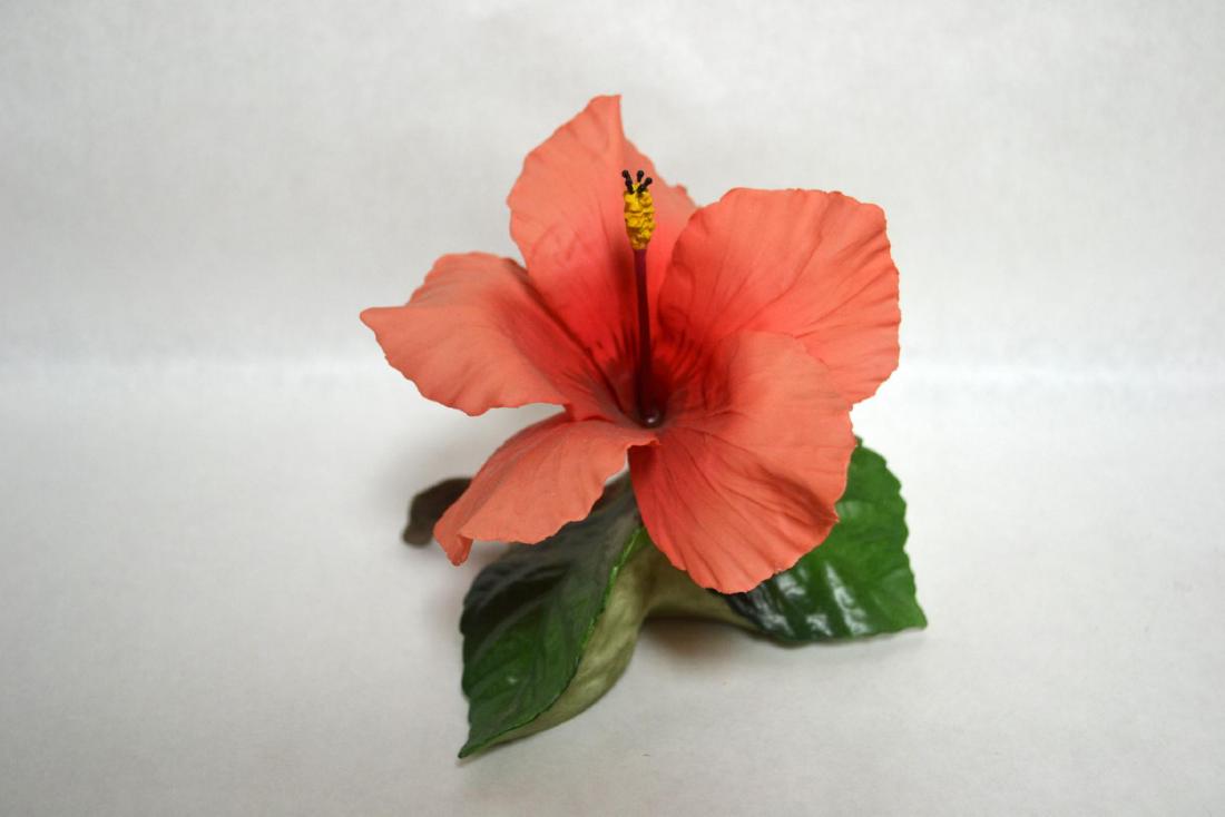 BOEHM PORCELAIN EMPRESS HIBISCUS FLORAL: Bisque Porcelain Decorated. "Boehm Society". Peach in color, beautiful hibiscus on green leaves. Hallmark: F344. Issued: 1993 Dimensions: 5 1/2"H x 5" W x 5" D. Manufacturer: Boehm Country of Origin: