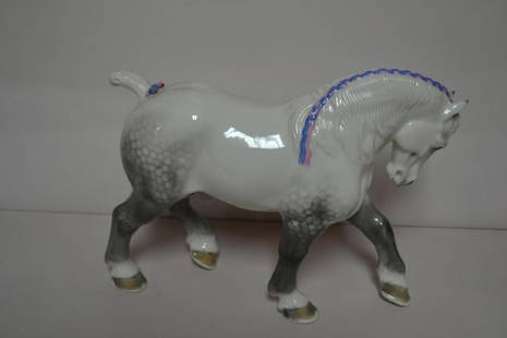 BOEHM PERCHERON STALLION GLAZED PORCELAIN, 1950: Made by Edward Marshall Boehm. Signed in script on the foot of the Stallion by Boehm. Glazed Porcelain Decorated. Dapple, glazed with pink and blue ribbon. Rare and early, very important horse made by