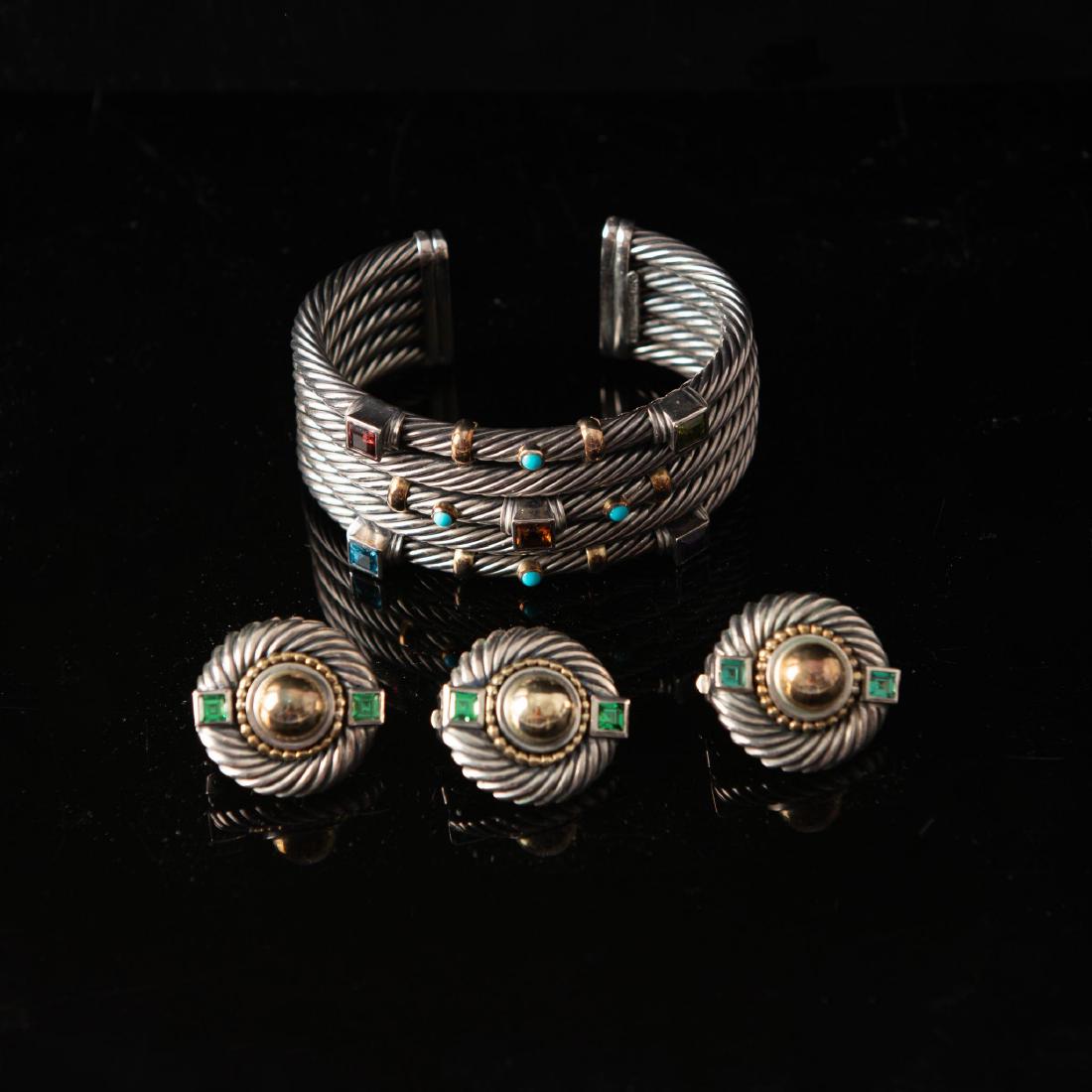 TWO TONE 18K & .925 STERLING DAVID YURMAN MULTI CABLE: David Yurman cable cuff bracelette set and earrings. A 5 twisted cable cuff bracelet with multicolor semi precious stones bezel set in Sterling Silver and 18K Rose Gold band. These gold accents are on