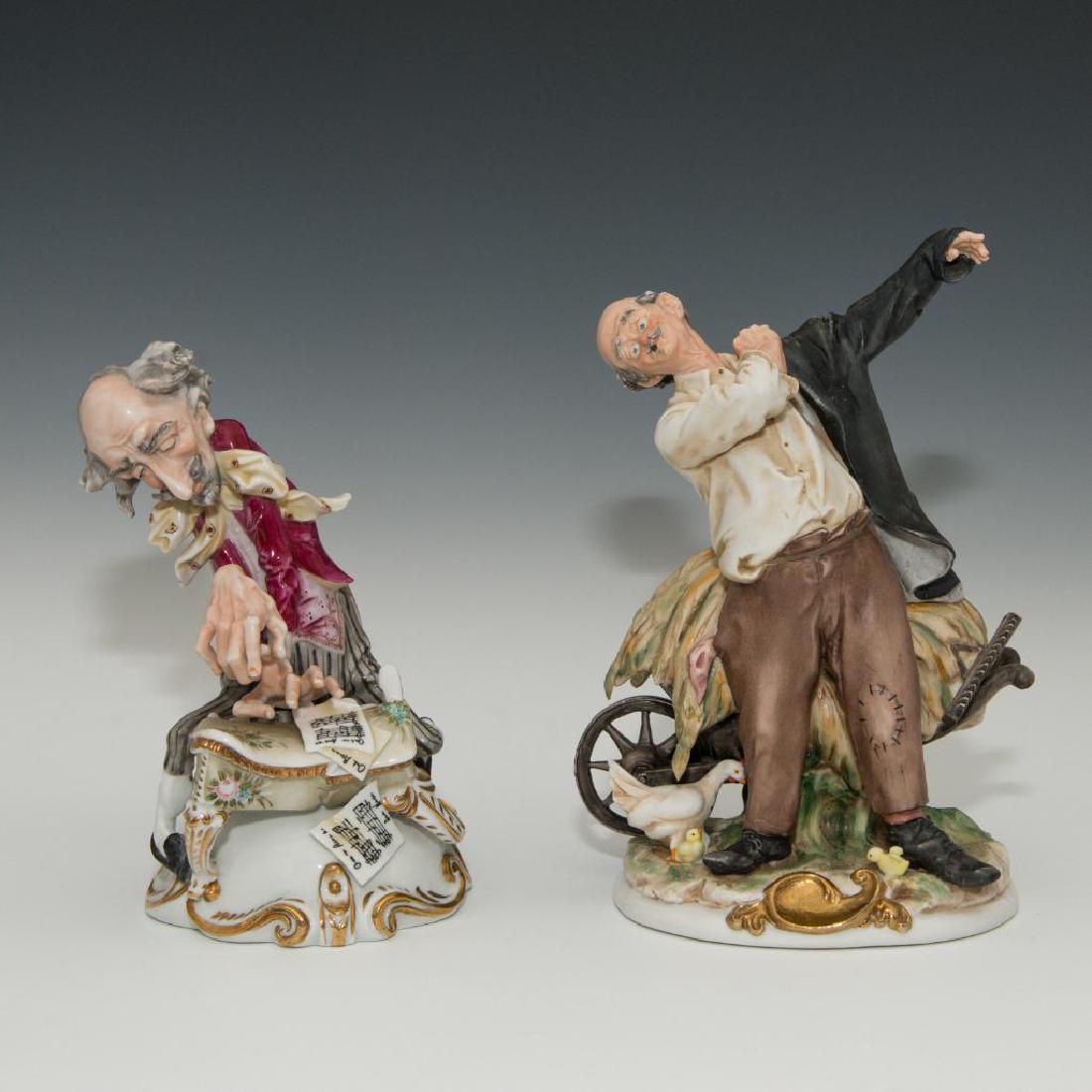 GROUP OF 2 PORCELAIN CARICATURE FIGURINES: Group of 2 Vintage Figurines: 1) Kalk Figure of a Country Man with Chicken (10"H x 6"L x 5"W), has a chip on the cigar and couple tiny chips on the hair/eyebrows/mustache. 2) Capodimonte Style Figure